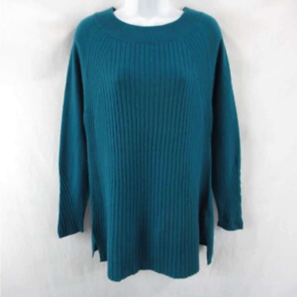 Soft Surroundings-teal Blue-100% cashmere, Ribbed,scoop Neck,long sleeve,Sweater